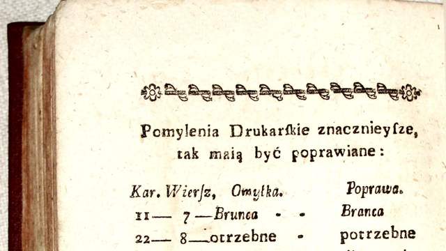 A yellowed page from an old book with a printed list of page and line numbers, each mistake, and its correction.
