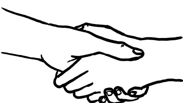 A black line drawing of two hands shaking, on a white background.