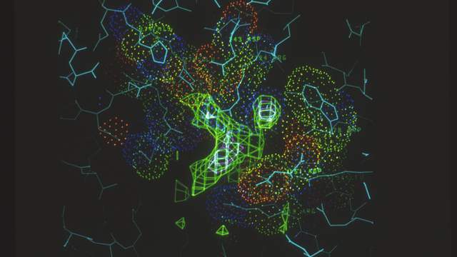 A computer drawing of part of a protein on a black background: thin blue sticks for the chain and clouds of coloured dots around it.